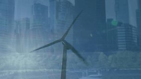 Animation of financial data processing over wind turbine. Global environment, sustainability, wind energy, business, computing and data processing concept digitally generated video. - Powered by Shutterstock - Get 15% off with code: PIKWIZARD15