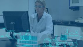 Animation of medical data processing over caucasian female scientist using computer at laboratory. Medical research and science technology concept - Powered by Shutterstock - Get 15% off with code: PIKWIZARD15