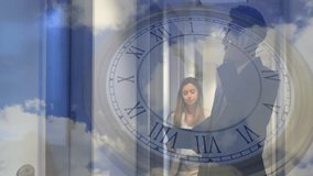 Animation of clock moving over diverse colleagues talking on smartphone and walking in office. Global business and digital interface concept digitally generated video. - Powered by Shutterstock - Get 15% off with code: PIKWIZARD15