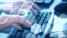 Animation of dna strand and data processing and over woman using keyboard. global business, finance and digital interface concept digitally generated video. - Powered by Shutterstock - Get 15% off with code: PIKWIZARD15