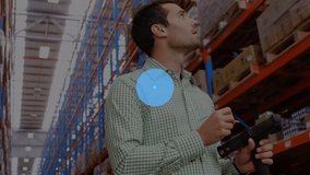 Animation of network of connections with icons over caucasian male worker in warehouse. global business and digital interface concept digitally generated video. - Powered by Shutterstock - Get 15% off with code: PIKWIZARD15