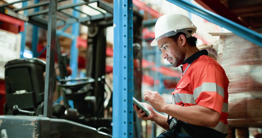 Man, tablet and inventory with inspection for supply chain, logistics or stock control in warehouse. Male person, contractor or distribution with technology for shipping, cargo or quality assurance