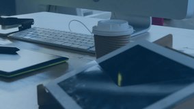 World map with data processing over close up of a office equipment on a desk. Computer interface and business technology concept - Powered by Shutterstock - Get 15% off with code: PIKWIZARD15