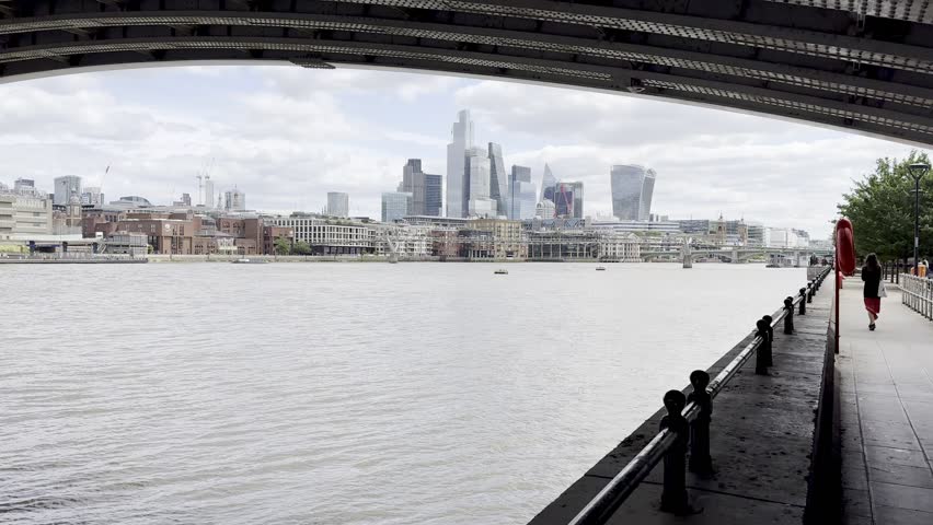 Under bridge view  of London skyline and Thames, UK