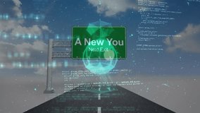 Animation of network of connections with icons over green road sign. Global connections, data processing and digital interface concept digitally generated video. - Powered by Shutterstock - Get 15% off with code: PIKWIZARD15