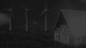 Animation of stock market data processing over windmills and dollar bills in house on grassland. Global finance and renewable energy technology concept - Powered by Shutterstock - Get 15% off with code: PIKWIZARD15