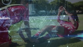 Animation of network of connections with data processing over diverse rugby players at stadium. Global connections, sport and digital interface concept digitally generated video. - Powered by Shutterstock - Get 15% off with code: PIKWIZARD15