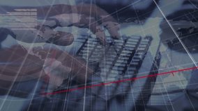 Animation of network of connections with icons and data processing over hands typing on keyboard. Global technology, computing and digital interface concept digitally generated video. - Powered by Shutterstock - Get 15% off with code: PIKWIZARD15