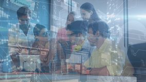 Animation of data processing over diverse business people working at office. Global business, finances and digital interface concept digitally generated video. - Powered by Shutterstock - Get 15% off with code: PIKWIZARD15