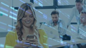 Animation of financial data processing over caucasian businesswoman using smartphone. Global business, finance, computing and data processing concept digitally generated video. - Powered by Shutterstock - Get 15% off with code: PIKWIZARD15