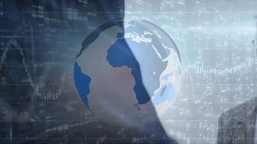 Animation of globe, graphs, numbers over low angle view of entrepreneurs shaking hands. Digital composite, multiple exposure, globalization, report, business, digits and abstract concept. - Powered by Shutterstock - Get 15% off with code: PIKWIZARD15