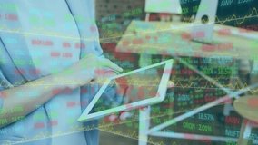 Animation of financial data processing over businesswoman using tablet. Global connections, business, finance, computing and data processing concept digitally generated video. - Powered by Shutterstock - Get 15% off with code: PIKWIZARD15