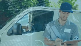 Animation of financial data processing over caucasian delivery man holding clipboard. Global business, finances and digital interface concept digitally generated video. - Powered by Shutterstock - Get 15% off with code: PIKWIZARD15