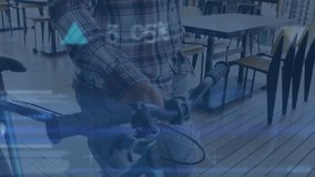 Animation of screens with data processing against mid section of a man with a bicycle walking. Computer interface and business technology concept - Powered by Shutterstock - Get 15% off with code: PIKWIZARD15