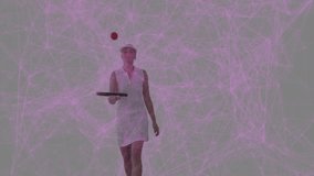 Female tennis player holding racket and watching red ball in sports tech with data network overlay. Athlete, sports, technology, digital, fitness, competitive, modern - Powered by Shutterstock - Get 15% off with code: PIKWIZARD15