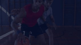 Basketball player dribbling crossover on court, initiating data overlay tracking performance. Athletics, sports, analysis, visualization, competition, training, performance - Powered by Shutterstock - Get 15% off with code: PIKWIZARD15