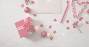 Binary digits cascading over holiday flatlay upon animation start, blending decor with digital code. Festive, holiday, celebration, digital, modern, decorative, colorful - Powered by Shutterstock - Get 15% off with code: PIKWIZARD15