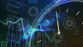 Animation of clock, data and graphs processing on navy digital screen. global connections, finance, economy and technology concept digitally generated video. - Powered by Shutterstock - Get 15% off with code: PIKWIZARD15