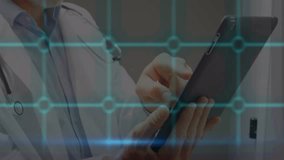 Network of connections over caucasian senior male doctor using digital tablet at hospital. Medical healthcare and technology concept - Powered by Shutterstock - Get 15% off with code: PIKWIZARD15