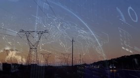 Animation of digital screen with data and globe over electricity poles. Digital interface, energy, data processing and technology concept digitally generated video. - Powered by Shutterstock - Get 15% off with code: PIKWIZARD15