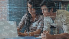 Animation of binary code and caucasian students discussing over laptop in library. Digital composite, multiple exposure, education, coding, togetherness, studying, cyberspace and technology concept. - Powered by Shutterstock - Get 15% off with code: PIKWIZARD15