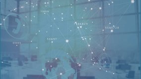 Animation of changing numbers, digital icons and network of connections against empty office. Global networking and business technology concept - Powered by Shutterstock - Get 15% off with code: PIKWIZARD15