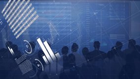 Animation of financial data processing over business people silhouettes on blue background. Global business, finances and digital interface concept digitally generated video. - Powered by Shutterstock - Get 15% off with code: PIKWIZARD15