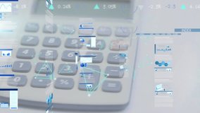 Animation of data processing over calculator and pen. Global business and digital interface concept digitally generated video. - Powered by Shutterstock - Get 15% off with code: PIKWIZARD15