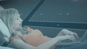 Animation of data processing over caucasian woman using laptop. Global connections, business, finance, computing and data processing concept digitally generated video. - Powered by Shutterstock - Get 15% off with code: PIKWIZARD15