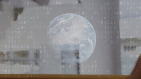 A close-up of two executives shaking hands in a conference centre digitally generated, with an animation of a globe and american dollar banknote over flames and a stock market display with numbers and - Powered by Shutterstock - Get 15% off with code: PIKWIZARD15