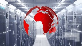 Animation of rotating globe and computer language over data server room. Digital composite, multiple exposure, globalization, coding, data center, networking, technology and network server concept. - Powered by Shutterstock - Get 15% off with code: PIKWIZARD15