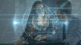 Mature woman and man analyzing business data in office showing holographic globe network overlay. Futuristic, technology, collaboration, innovation, digital, corporate, professionals - Powered by Shutterstock - Get 15% off with code: PIKWIZARD15