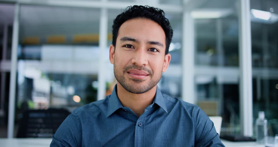 Office, pov and face of business man for video conference, virtual meeting and webinar. Professional, portrait and person listening in online workshop for seminar, presentation and career development