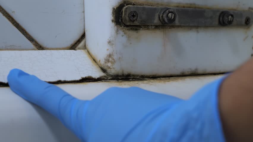 A gloved hand pointing out mold and mildew in a dirty bathroom corner