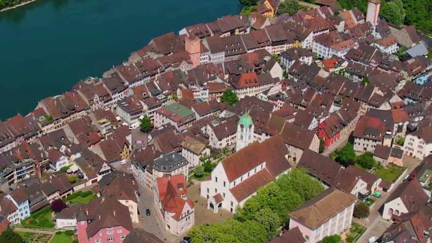 A Panoramic aerial view of the old town around the city Rheinfelden in Switzerland on a sunny day in summer