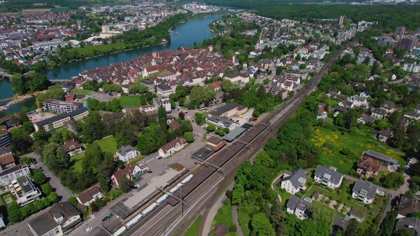 A Panoramic aerial view of the old town around the city Rheinfelden in Switzerland on a sunny day in summer