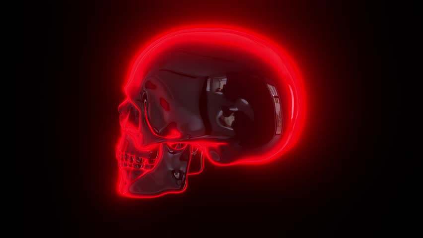 Rotating human skull on black background, glowing skull icon in red neon color, seamless computer graphic 4K video animation.