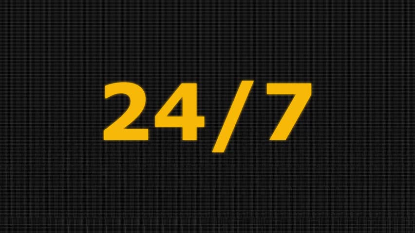 Animated 24 hours open sign, open 24 hours and 7 days. 24-7 text sign appear black background. holding virtual 24-7 with clock on worldwide nonstop and full-time.4k video