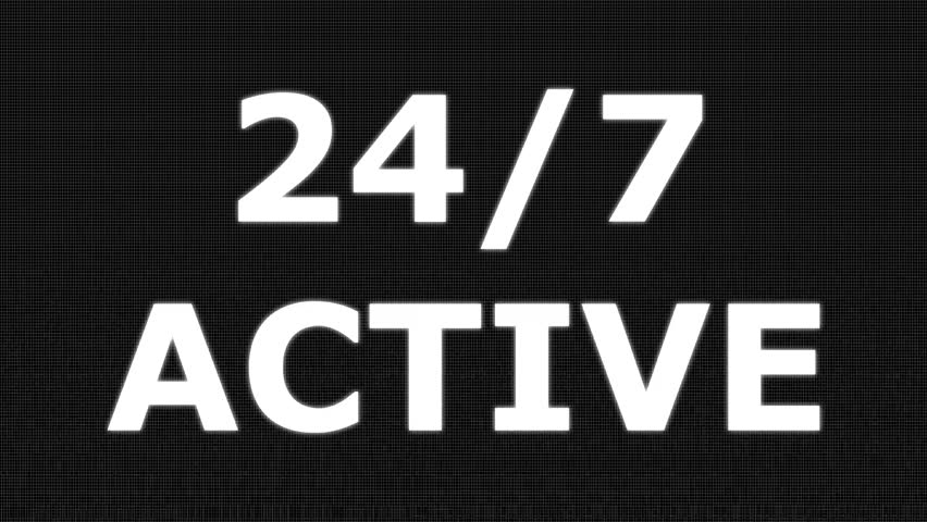 Animated 24 hours open sign, open 24 hours and 7 days. 24-7 text sign appear black background. holding virtual 24-7 with clock on worldwide nonstop and full-time.4k video