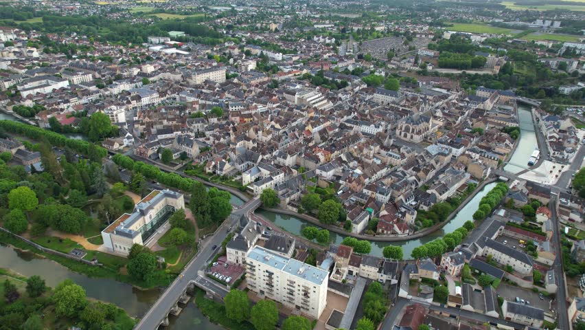 A panorama aerial view of the old town of the city Montargis in France on a sunny summer noon.