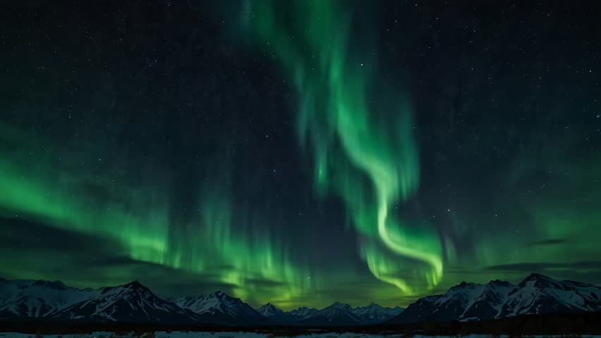 Breathtaking cinematic view of the Aurora Borealis (Northern Lights) dancing over a snow-capped mountain range and a frozen lake at night. Realistic digital art style with vibrant green and purple light trails reflecting on the icy water. 