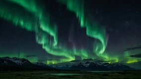 Breathtaking cinematic view of the Aurora Borealis (Northern Lights) dancing over a snow-capped mountain range and a frozen lake at night. Realistic digital art style with vibrant green and purple light trails reflecting on the icy water.  - Powered by Shutterstock - Get 15% off with code: PIKWIZARD15