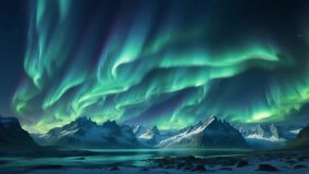 Breathtaking cinematic view of the Aurora Borealis (Northern Lights) dancing over a snow-capped mountain range and a frozen lake at night. Realistic digital art style with vibrant green and purple light trails reflecting on the icy water.  - Powered by Shutterstock - Get 15% off with code: PIKWIZARD15