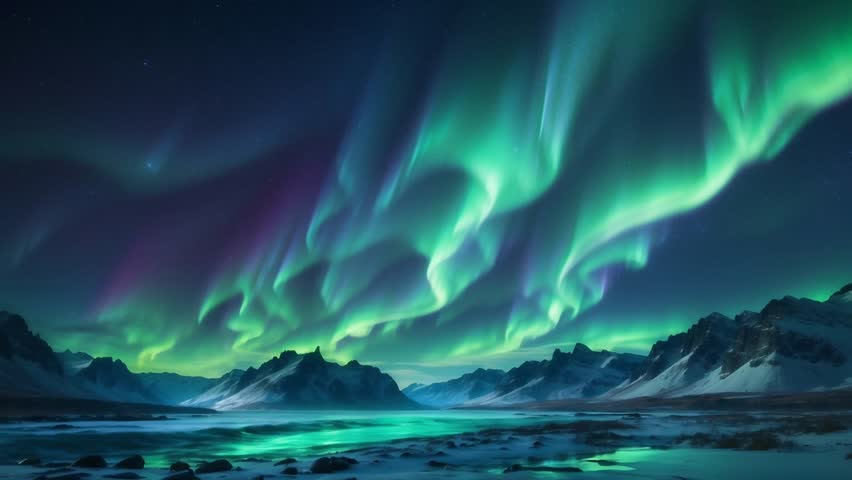 Breathtaking cinematic view of the Aurora Borealis (Northern Lights) dancing over a snow-capped mountain range and a frozen lake at night. Realistic digital art style with vibrant green and purple light trails reflecting on the icy water. 