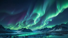 Breathtaking cinematic view of the Aurora Borealis (Northern Lights) dancing over a snow-capped mountain range and a frozen lake at night. Realistic digital art style with vibrant green and purple light trails reflecting on the icy water.  - Powered by Shutterstock - Get 15% off with code: PIKWIZARD15