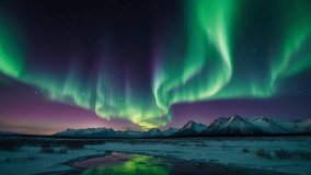 Breathtaking cinematic view of the Aurora Borealis (Northern Lights) dancing over a snow-capped mountain range and a frozen lake at night. Realistic digital art style with vibrant green and purple light trails reflecting on the icy water.  - Powered by Shutterstock - Get 15% off with code: PIKWIZARD15