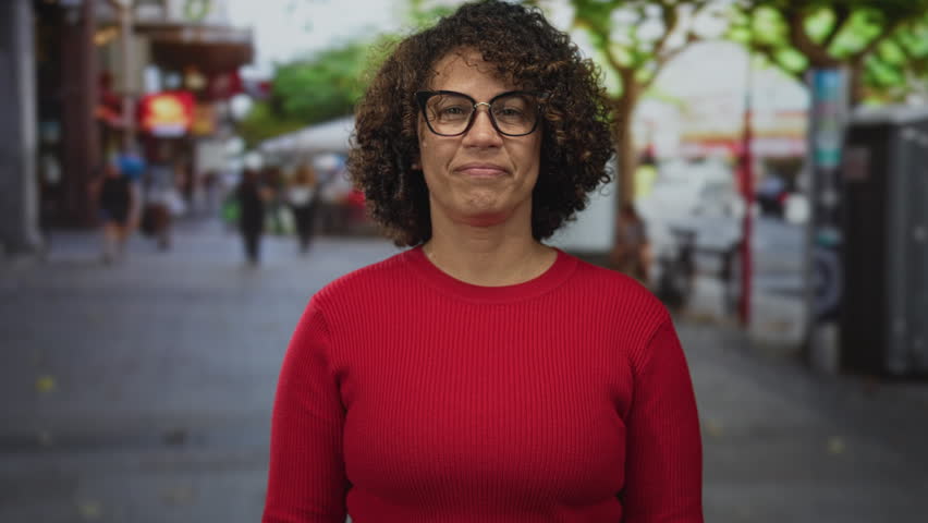 Woman holds hand in thumbs up gesture while wearing red sweater on a busy urban street; approval positivity.