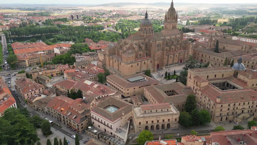 Aerial panoramic view around the cathedral and the city of Salamanca on a sunny summer day in Spain