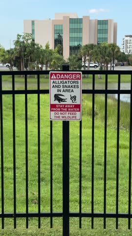 DOLLY SHOT - A warning sign near a lake alerts the public to the presence of alligators and snakes in Orlando, Florida, USA. The sign advises staying away from the water and not feeding the wildlife.