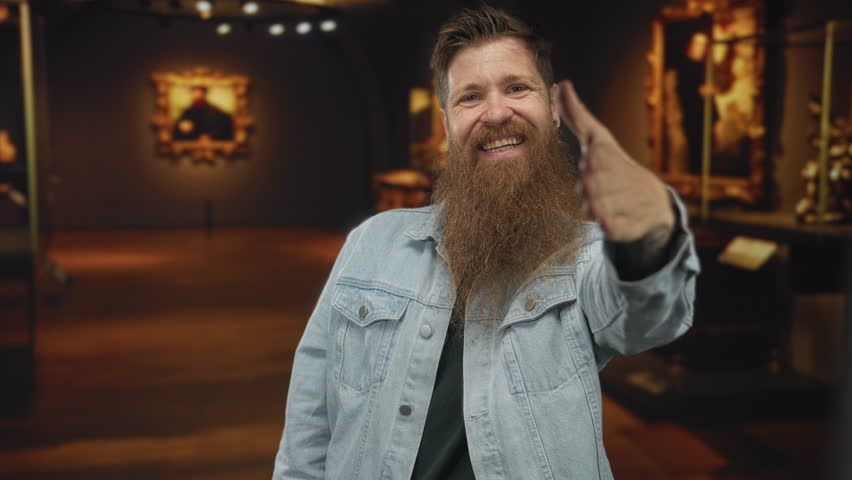 Young bearded man in denim jacket extends hand for handshake in building lit gallery with artwork on walls; friendly welcome.